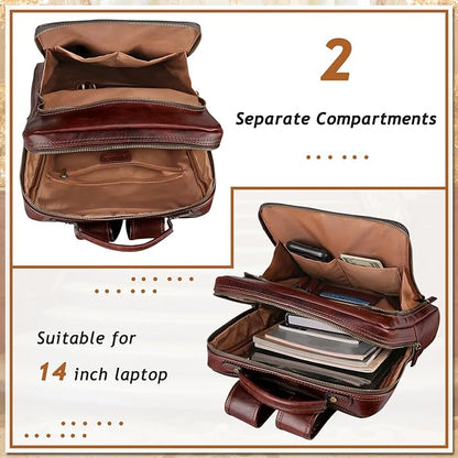Banuce Full Grain Italian Leather Backpack for Men Laptop Backpack for Business Work Travel with Luggage Strap and Adjustable Strap Vintage Brown