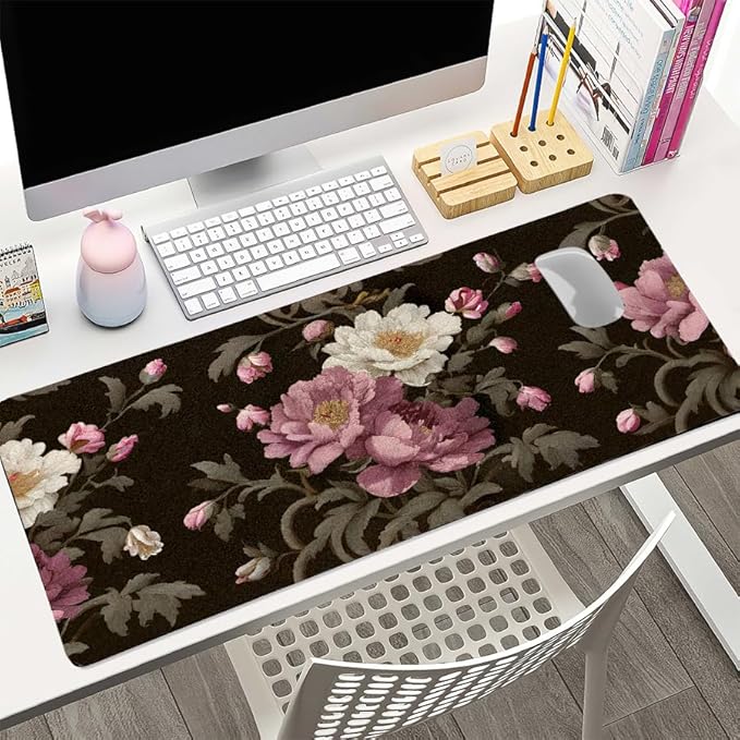 Luxury Peony Blooms Desk Mat, PU Leather Desk Pad with Non-Slip Base - Large Office Keyboard Mat for Women, Ideal Gift for Home & Gaming Setup (23.6x11.8 Inch)