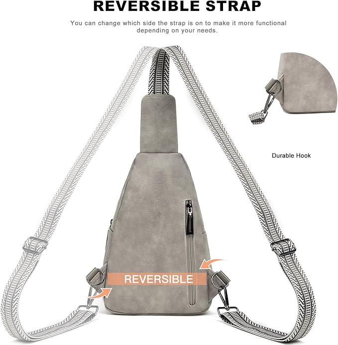 Leresas 7L Crossboydy Sling Bag for Women Vegan Leather Crossbody Purse Fanny Pack Chest Bag for Travel,Light Grey