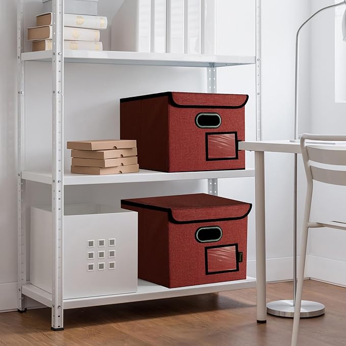BALEINE Modern Red File Storage Box with Lid, Collapsible File Folder Organizer, 2 Pack, 15x12.5x10.5 inches