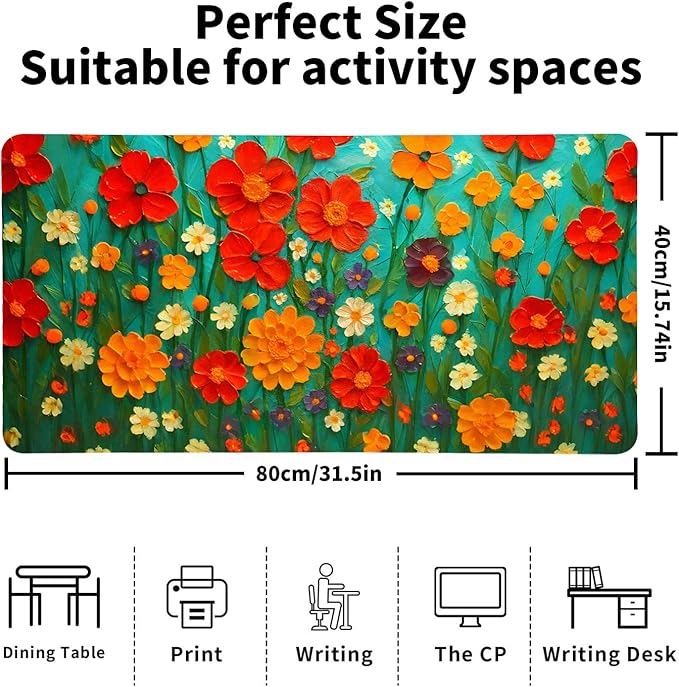 Oil Painting Flowers Desk Mat for Women, Large PU Leather Desk Pad with Non-Slip Base, Aesthetic Office Keyboard Cover for Gaming & Home Work, Artistic Desk Decor (31.5 * 15.75in)