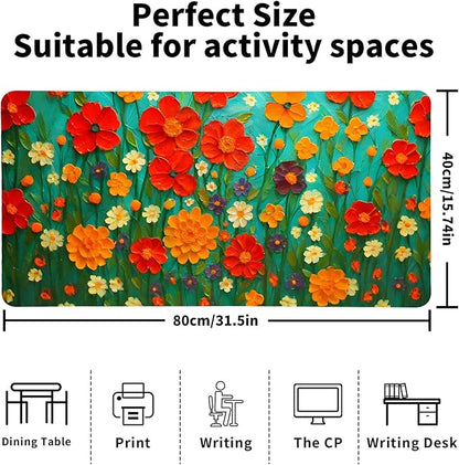Oil Painting Flowers Desk Mat for Women, Large PU Leather Desk Pad with Non-Slip Base, Aesthetic Office Keyboard Cover for Gaming & Home Work, Artistic Desk Decor (31.5 * 15.75in)