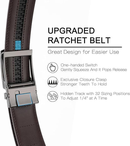 GAEKEAO Ratchet Belt for Men Genuine Leather 1 3/8" - Micro-Adjust Buckle Trim to Fit Dress Belt Casual to Formal Gift Boxed