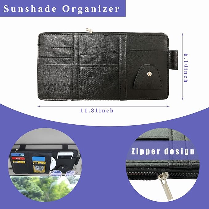 Augeny Car Sun Visor Organizer, Leather Multi-Pocket Auto Visor Storage Pocket Pouch Holder with Zipper, Vehicle Interior Accessories for Car Truck SUV Sun Visor Case Bag (Black)