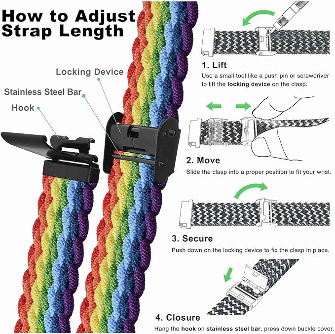 WOCCI 20mm Braided Nylon Watch Band for Men and Women, Quick Release, Black Stainless Steel Buckle (Multicolor)