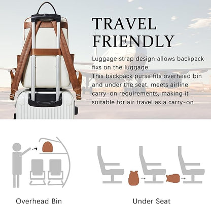 Leather Laptop Backpack for Women,Leather Backpack with Laptop Compartment Fit 15.6 inch Laptops,Carry-on Travel Backpacks,Casual Daypack for Work Business Weekender College,Beige
