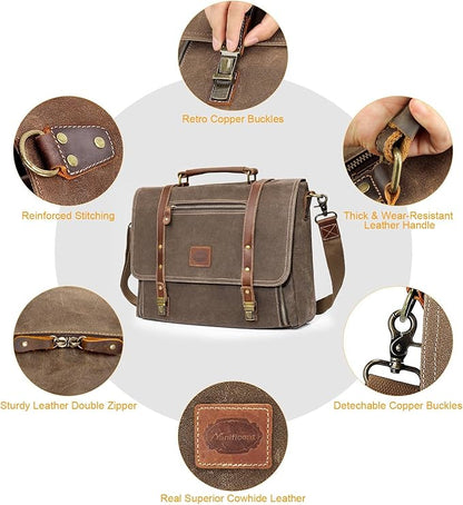 Manificent Laptop Messenger bag for Mens 15.6 Inch, Waterproof Vintage Genuine Leather Mens Briefcase shoulder bag 16 Storage Pockets, Waxed Canvas Leather Computer Business Satchel Work Bag (Brown)