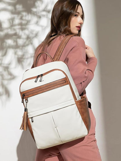 Leather Laptop Backpack for Women, 15.6" Causal Daypack Backpacks Purse Computer Backpack with Laptop Compartment for Travel Work College Business, Beige Brown