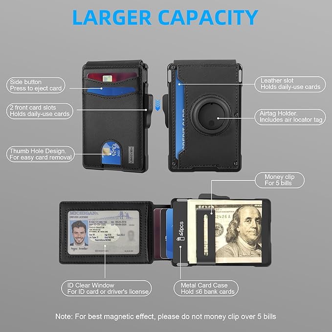 umoven Wallet for Men with AirTag(iOS Only), Mens Metal Wallet Minimalist with Money Clip & ID Window, Slim Leather Slots RFID Blocking Bifold Wallet,Smart Pop Up Credit Card Holder Wallet (Black)