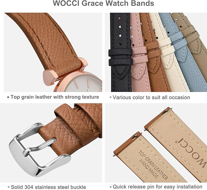 WOCCI 22mm Grace Leather Watch Band for Ladies, Top Grain Leather, Quick Release Replacement Strap with Silver Buckle (Brown)