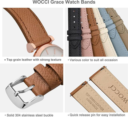 WOCCI 14mm Grace Watch Band for Ladies, Top Grain Leather, Quick Release Replacement Strap with Silver Buckle (Brown)