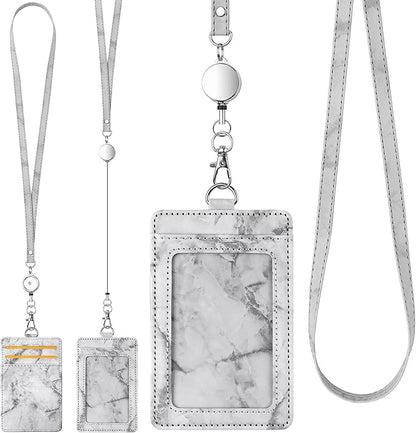 ID Badge Holder with Lanyard Marble Pattern Retractable Badge Holder PU Leather with Clear ID Window 1 Credit Card Case Name Badge Keychain Tags Protector for Women Nurse Teacher Office (Grey)