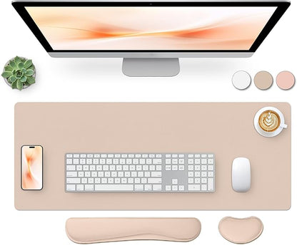Bloss Leather Desk Pad and Keyboard Wrist Rest, Large Mouse Pad + Keyboard Pad+Mouse Wrist Support, Non-Slip Desk Mat Protector for Office, Home(27.6" x 13.8", Beige)