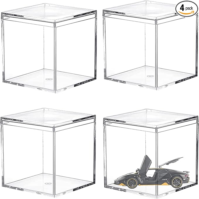 Large Acrylic Box with Lid 4 Pieces Clear Display Box Plastic Square Cube Wedding Candy Box Jewelry Collectibles Storage Containers Valentine's Day Decorative Boxes 4x4x4Inch