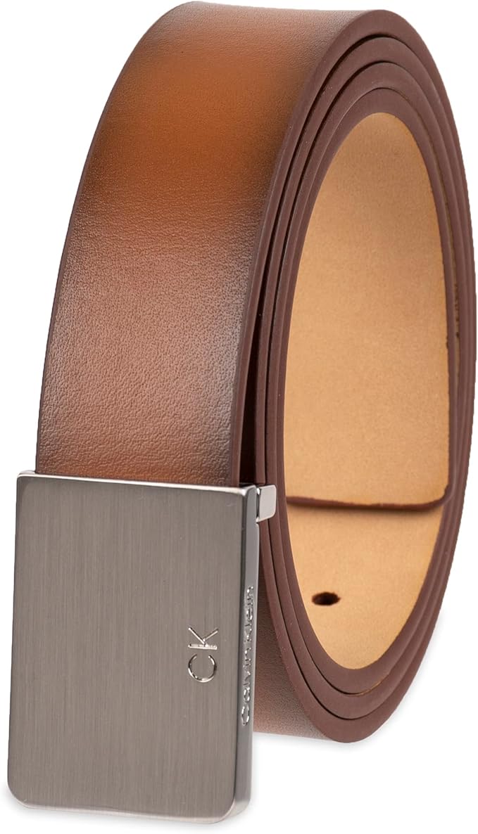 Calvin Klein Men's Plaque Buckle Belt - Casual Modern Style With Logo Detail for Jeans and Dress Pants