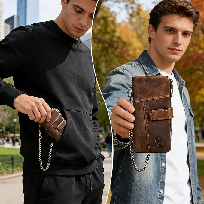 Genuine Crazy Horse Leather Travel Gift Coin Pocket Card Case Long Organizer Chain Rfid Wallet Purse With Snap For Men Male 1803 1815 (1803 Light Brown)