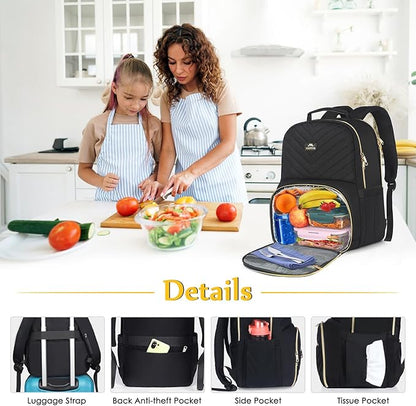 MATEIN Work Backpack with Lunch Compartment, Insulated Quilted Lunch Backpack for Women, Water Resistant Lunchbox Back Pack for Nurse, 15.6 Inch Teacher Work Bag for Office Business Commuting, Black
