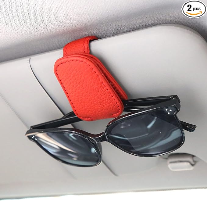 KIWEN 2 Packs Sunglasses Holders for Car Visor, Magnetic Leather Glasses Eyeglass Clip for Car, Ticket Card Clip Sunglasses Mount, Car Visor Accessories Gadgets (2, Red)