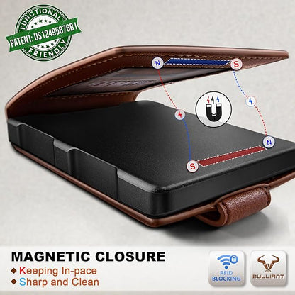 BULLIANT Men Wallet,Metal Case Money Clip with Grain Leather Flip 11 Cards-Pop-up Access Magetic Closure