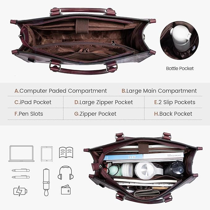 LOVEVOOK Laptop Tote Bag for Women, 15.6 Inch Large Capacity Vintage Leather Work Computer Bag, Business Casual Shoulder Handbag, Fuchsia