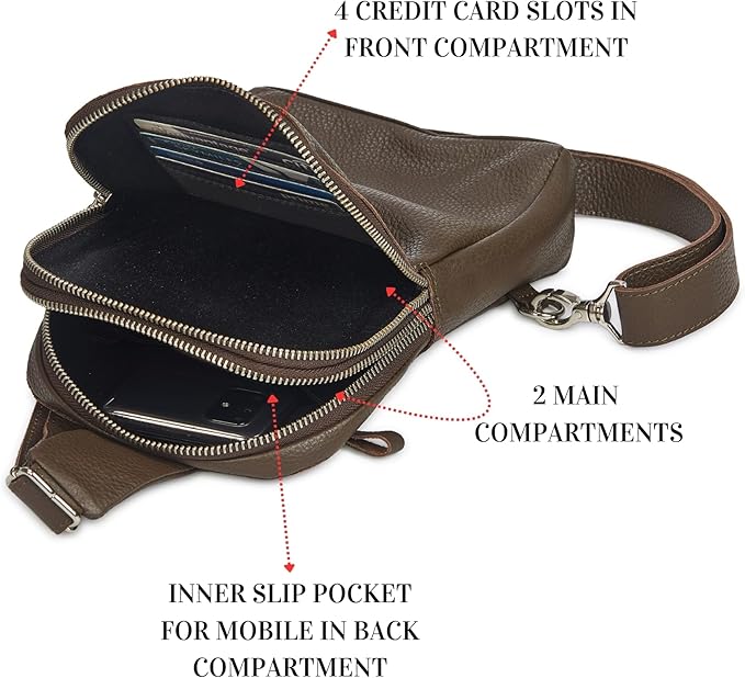 Leather Sling Bag for Women Genuine Crossbody Purse Small Trendy Cross Over Chest with Phone and Credit Card Slots (Brown Nappa)