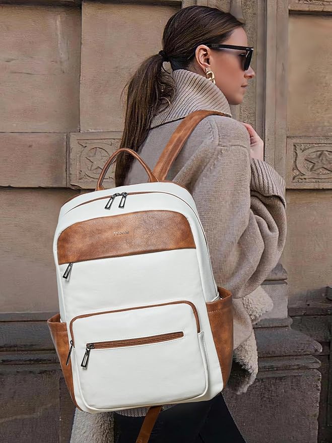 Leather Laptop Backpack for Women 15.6 Inch Laptop Travel Backpack Purse Casual Daypack with Laptop Compartment for College Work Nurse Business Weekender, Beige Brown