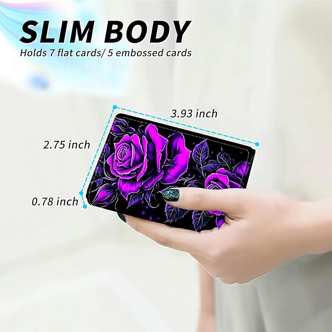 Minimalist Wallet for Men's Card Holders, Pop-Up Card Case Durable Wallets for Women, Leather Automatic Credit Card Holder with Metal Money Clip RFID Blocking Bifold Pocket, Purple Rose 01