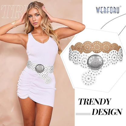WERFORU Women Vintage Leather Belt Western Disc Waist Belts Ladies Western Belt Boho Belt for Dress Jean-