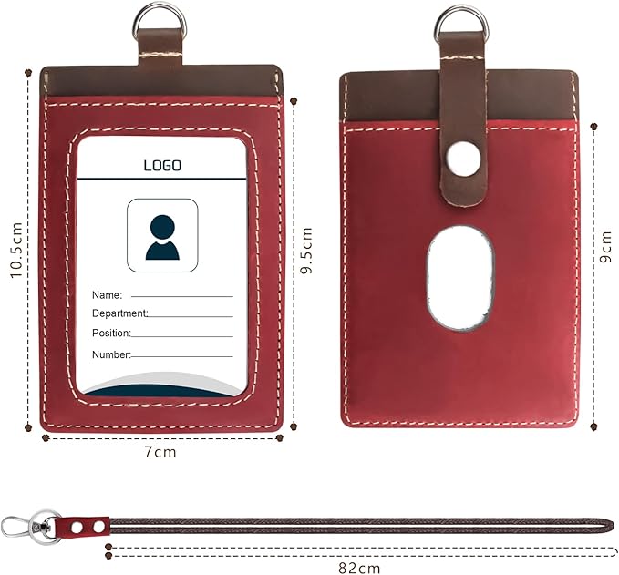 Badge Holder: Boshiho Cowhide Leather ID Badge Card Holder with 19" Neck Lanyard, Vertical Style (Brown-Red)