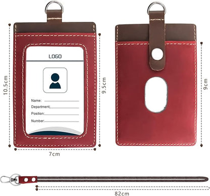 Badge Holder: Boshiho Cowhide Leather ID Badge Card Holder with 19" Neck Lanyard, Vertical Style (Brown-Red)