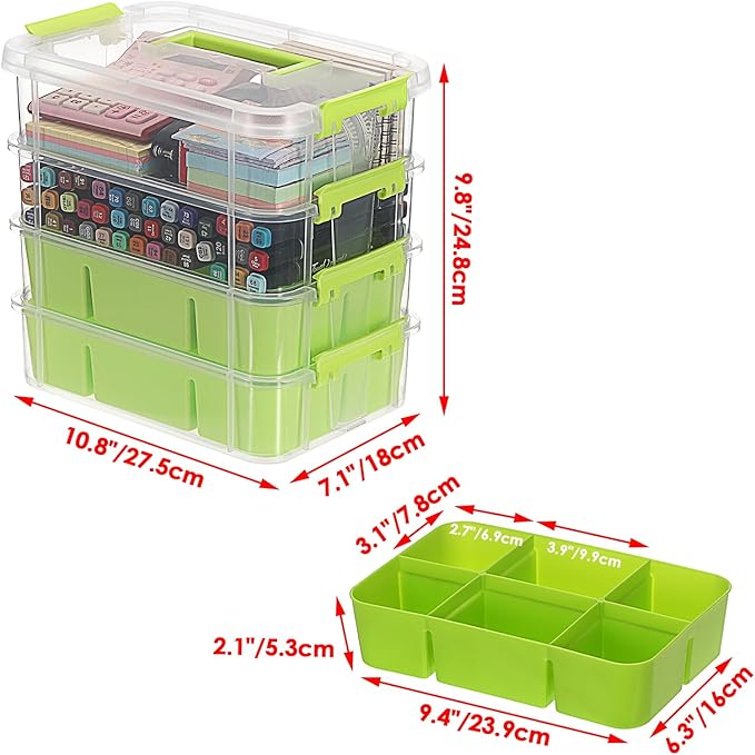 JUXYES 4-Tiers Stack Carry Storage Box With 2 Divided Tray, Transparent Stackable Storage Bin With Handle Lid Latching Storage Container for School & Office Supplies, Green