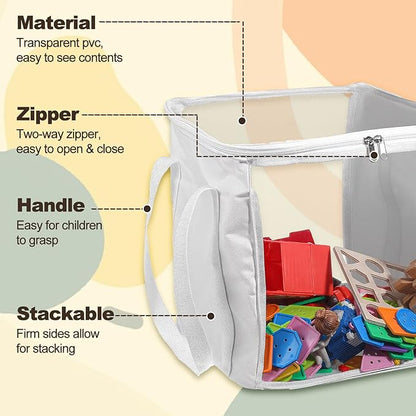 3 Pack Large Storage Bins, Foldable PVC Organizer Box with Transparent Lid & Handles, Multi-Purpose Toy Clothes Books Home Decor Storage (White, 12 Inch)