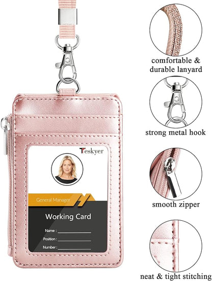 Teskyer Badge Holder with Side Zip Pocket, Multiple Card Slots Leather ID Holder Wallet with Neck Lanyard for Office Staffs, Teachers/Students, Couriers, Workers, Rose Gold