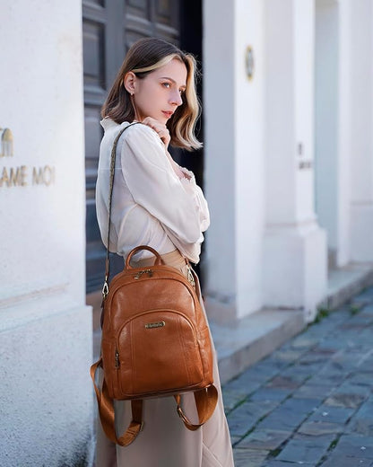 Blofinche Women's Genuine Leather Backpack Purse, 12.9 Inch Laptop Backpack with Anti-Theft Pocket, Stylish Leather Bag for Work & College, Fashion Brown