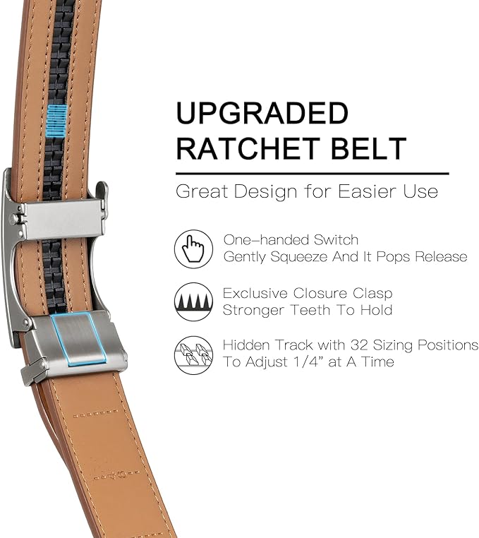 SENDEFN Men's Leather Belt Automatic Ratchet Buckle Slide Belt for Dress Casual Trim to Fit with Gift Box