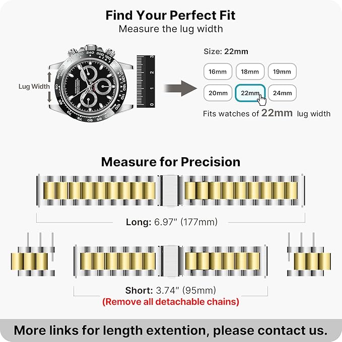 Fullmosa 22mm Stainless Steel Watch Band, Quick Release Metal Replacement Strap with Removable Links, Includes Spring Bars & Link Removal Tool for Men Women (Silver+Golden)