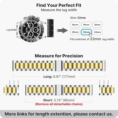 Fullmosa 22mm Stainless Steel Watch Band, Quick Release Metal Replacement Strap with Removable Links, Includes Spring Bars & Link Removal Tool for Men Women (Silver+Golden)