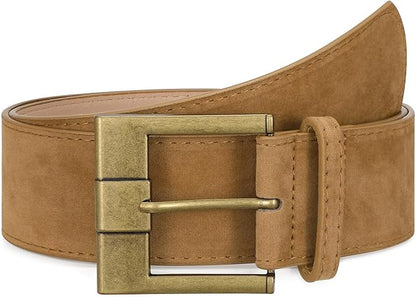 Women Wide Leather Belts for Dresses 1.9" Chunky Western Vintage Thick Suede Waist Belt with Brass Buckle