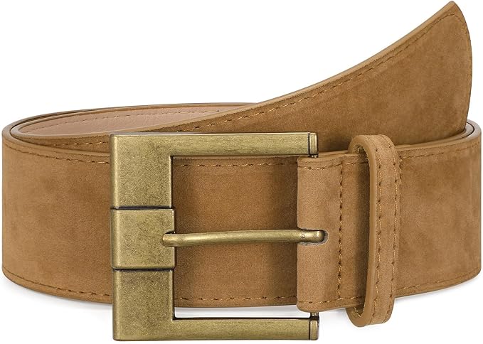 Women Wide Leather Belts for Dresses 1.9" Chunky Western Vintage Thick Suede Waist Belt with Brass Buckle