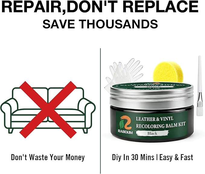 Black Leather Repair Kit, Leather Recoloring Balm – Restore & Repair Faded Leather on Couches, Car Seats, Shoes & Furniture | Leather Color Restorer & Conditioner | Easy DIY Application
