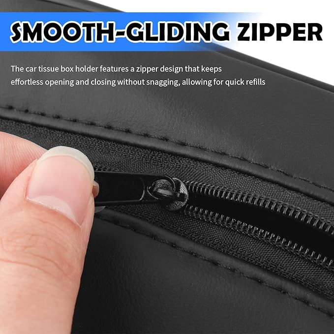Leather Car Tissue Holder,Upgraded Large Capacity Car Tissue Box Cover with Side Mesh Pockets & Zipper,Foldable Tissues Holder in Cars for Sun Visor & Headrest Organizer
