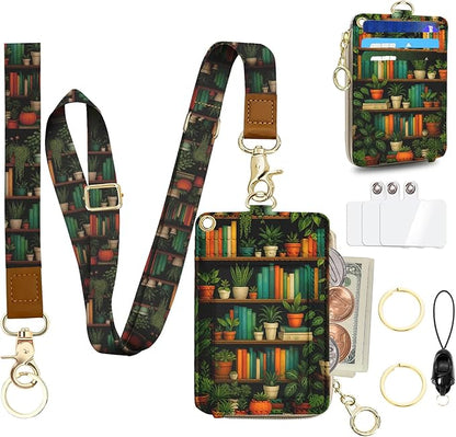 Bookshelf Lanyard Wallet with ID Badge Holder,Small RFID Women Keychain Wristlet,Cute Zipper Credit Pocket Phone Wallet Lanyard Wrist Strap Office Teacher Gift