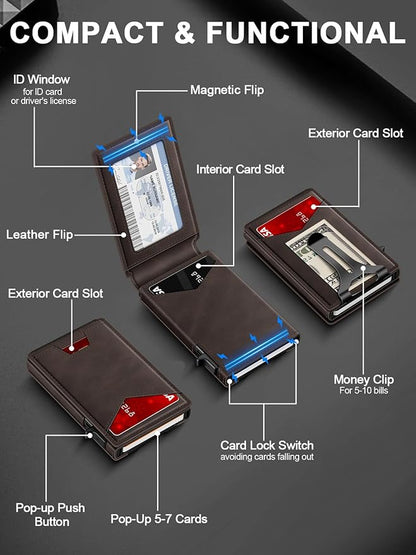 GHUKY Wallet for Men RFID Wallet with Money Clip, Slim Pop Up Card Holder for 10-12 Cards, Minimalist Smart Credit Card Case with ID Window, Bifold Metal Wallet for Front Pocket, Gifts for Men