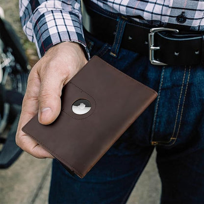 Polare Slim RFID Blocking Leather Passport Holder Travel Bifold Wallet For Men (Dark Brown with AirTag Slot-B)