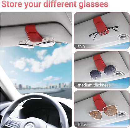 KanSmart Sunglass Holder for Car Visor Sunglasses Clip Magnetic Leather Glasses Eyeglass Holder Interior Car Accessories for Woman Man - 2 Packs Red