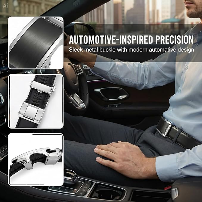 JINIU Men's Ratchet Belt Buckle, Black Genuine Leather Slide Belt for Men Dress Suit, Micro Adjustable Trim to Fit Boxed
