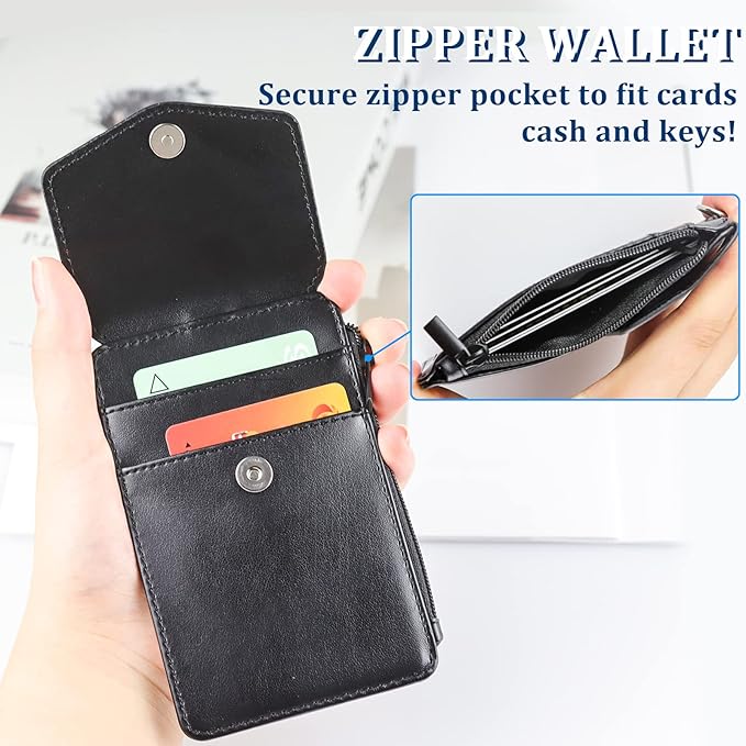 Teskyer Leather Badge Holder with Lanyard and Retractable Badge Reel, 4 Card Slots ID Card Holder with 1 Zipper Pocket for Office School Name Work IDs, Black