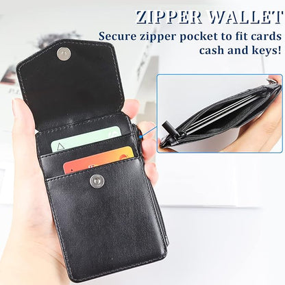 Teskyer Leather Badge Holder with Lanyard and Retractable Badge Reel, 4 Card Slots ID Card Holder with 1 Zipper Pocket for Office School Name Work IDs, Black