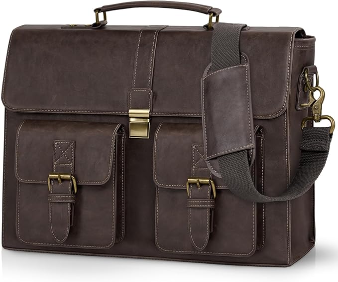 RAINSMORE Mens Messenger Bag 15.6 Inch Leather Vintage Laptop Briefcase Waterproof Computer Laptop Bag Leather Satchel Bag Large Shoulder Bag for Office Work Travel College, Coffee