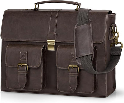 RAINSMORE Mens Messenger Bag 15.6 Inch Leather Vintage Laptop Briefcase Waterproof Computer Laptop Bag Leather Satchel Bag Large Shoulder Bag for Office Work Travel College, Coffee